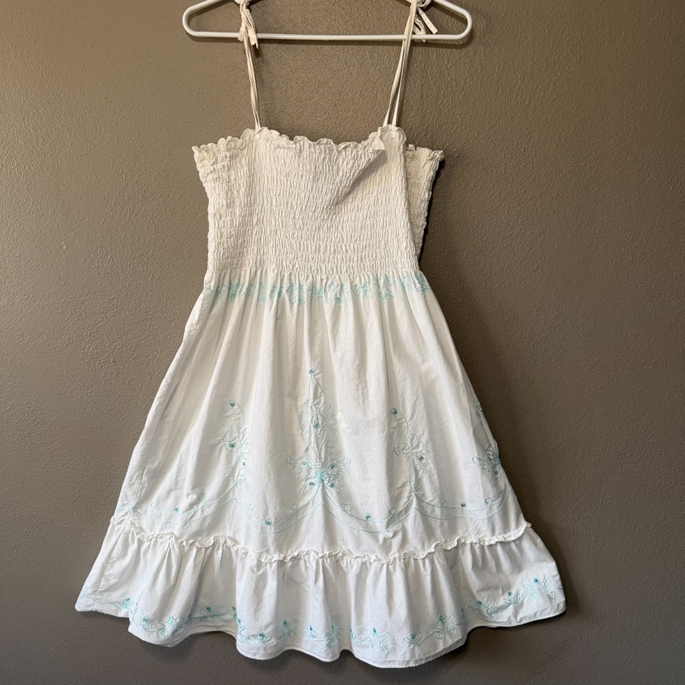 Cabali Cancun White Smocked Mini Dress Blue Floral‎ Embroidery Beaded Boho XL